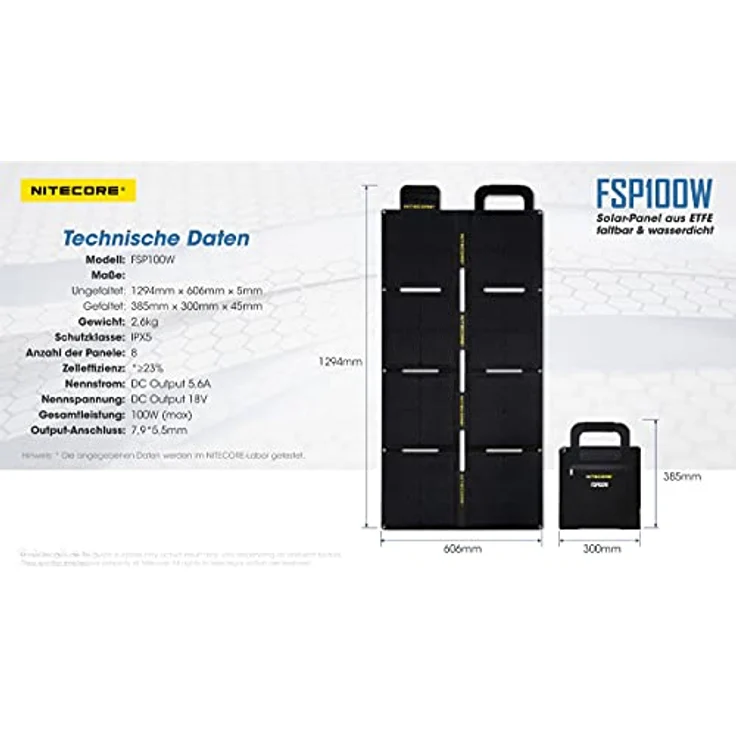 Nitecore FSP100WIPX5, 100W Solarpanel mit faltbarem Design, IPX5 Spritzwasserschutz, 2.60 kg – Bild 10