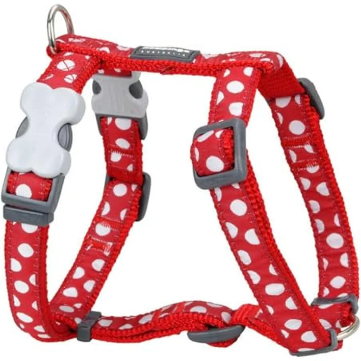 Red Dingo Nylon Hundegeschirr, rot mit weißen Punkten, M - verstellbar, rostfreie D-Ringe, zwei Verschlüsse am Bauchgurt