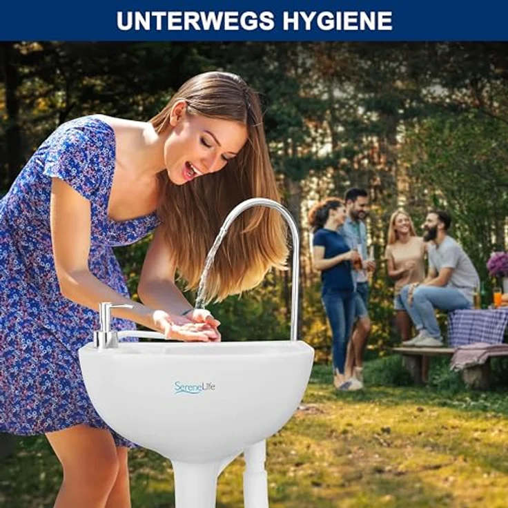 SereneLife Camping Waschbecken mit 19L Wassertank, Fußpumpe & Handtuchhalter, freistehendes Garten Spülbecken, mobile Waschstation, Wasserspender & Camping Zubehör – Bild 2