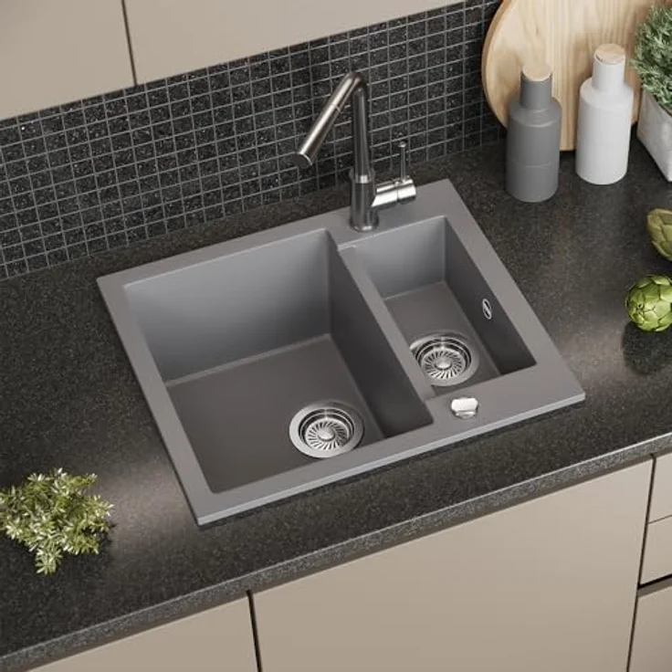 Bergström Spülbecken "Prag", Grau, 58 x 50 cm, Doppelbecken aus Quarz und Harz, pflegeleicht und robust – Bild 2