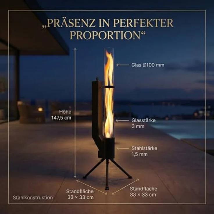 Albatros International Gartenkamin Pelletfackel Schwarz mit Glasrohr, Rocket Stove Outdoor, inkl. Standfuß, lange Brenndauer bis 120 Minuten – Bild 3