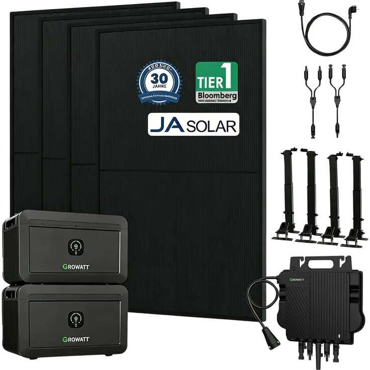 Powerness Growatt NOAH 2000, Balkonkraftwerk mit 1760W Leistung, 4x 450W JA Solar Module, NEO-800W Mikrowechselrichter, erweiterbarer Speicher, IP66, Fernüberwachung via App