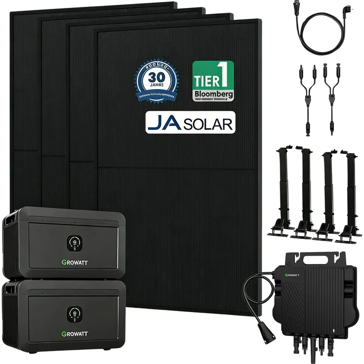 Powerness Growatt NOAH 2000, Balkonkraftwerk mit 1760W Leistung, 4x 450W JA Solar Module, NEO-800W Mikrowechselrichter, erweiterbarer Speicher, IP66, Fernüberwachung via App