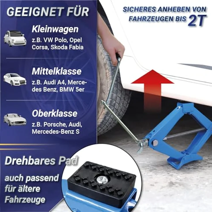 Bituxx Scherenwagenheber MS-18863, 2000 kg Tragkraft, Gummiauflage, einklappbare Handkurbel, Blau – Bild 3