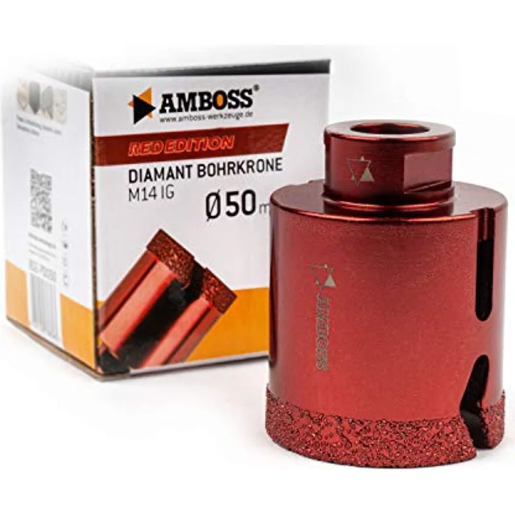 Amboss RED EDITION M14 Diamant Bohrkrone - für Winkelschleifer - Feinsteinzeug, harte Fliesen, Granit/Die ideale Trockenbohrkrone (Ø 50 mm) – Bild 1