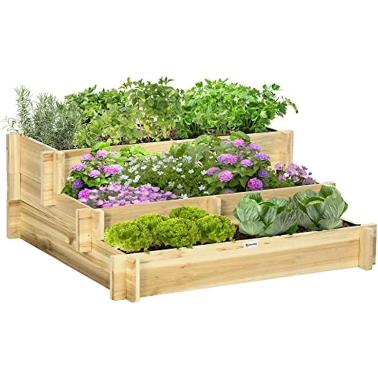 Outsunny Hochbeet, 3-stufige Blumenkasten, Pflanzenbeet mit Stoffauskleidung, Kräuterbeet, Blumentreppe für Balkon, Garten, Holz, Natur, 93 x 93 x 35 cm – Bild 1