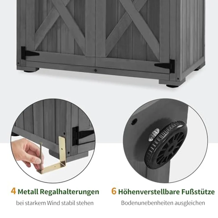 M MCombo Gartenschrank Holz, wetterfestes Gartenhaus für Außenbereich, 55×90×169cm, grau, mit 2 Ablageflächen und abschließbarem Riegel – Bild 5