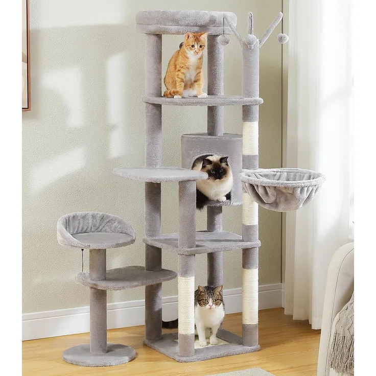 PurpurRain Kratzbaum Katzenturm mit großer Hängematte und Höhle für große Katze, 150cm, Natur Sisal und bunter Teppich