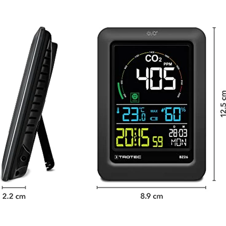 TROTEC CO2-Luftqualitätsmonitor BZ26 Thermometer CO²-Messer Anzeige von CO₂-Werten Raumtemperatur Luftfeuchtigkeit Datum und Uhrzeit Messbereich -9,9°C bis 60°C / 20% bis 95% CO²-Ampel – Bild 2