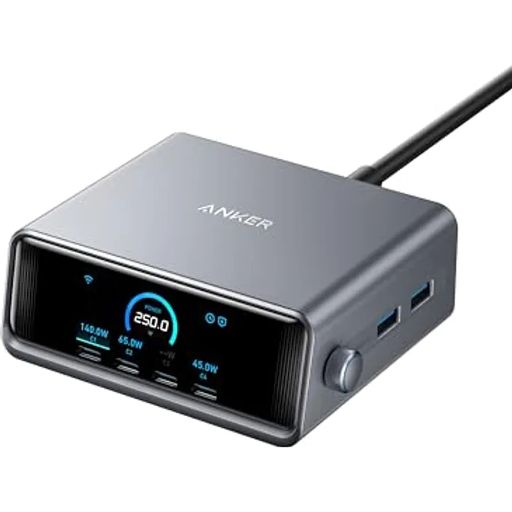 Anker Prime 250W USB-C Ladegerät, Ultra-schnelle 6-Port GaN Ladestation, 2,26" LCD-Display und Smart Control Regler