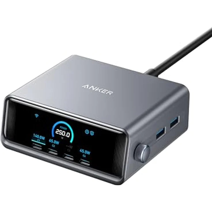Anker Prime 250W USB-C Ladegerät, Ultra-schnelle 6-Port GaN Ladestation, 2,26" LCD-Display und Smart Control Regler – Bild 1
