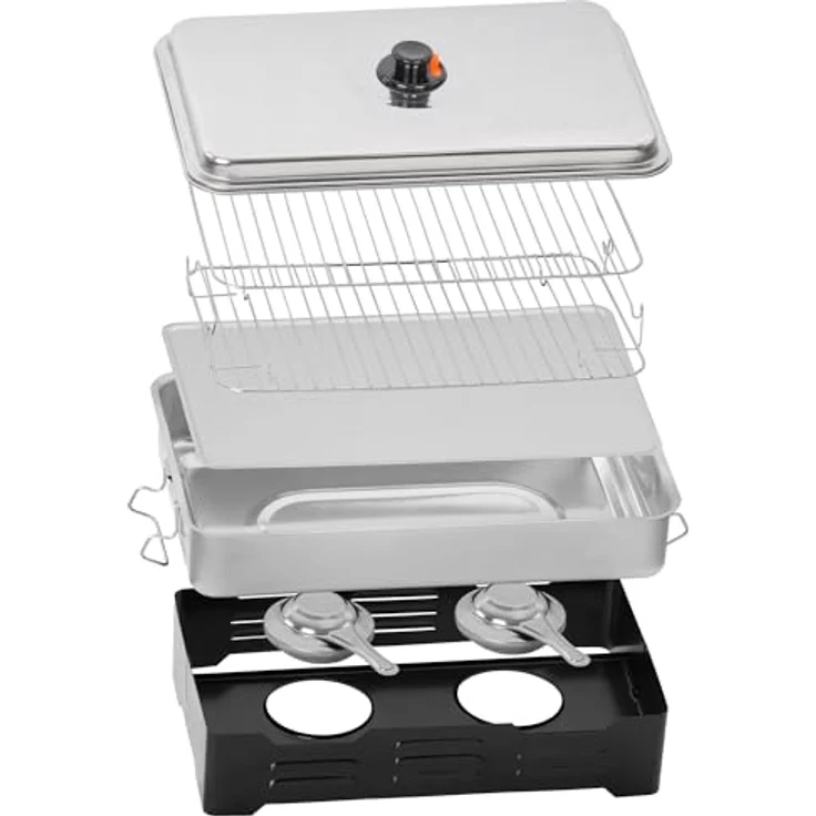 Mahlzeit Tischräucherofen Edelstahl, 47 x 27,5 x 20 cm, kompaktes Räucher-Set für Fisch, Fleisch und Gemüse, unabhängig betrieben mit Fondue-Brenner, inkl. Fettauffangschale und regulierbarem Rauchabzugsschieber – Bild 3
