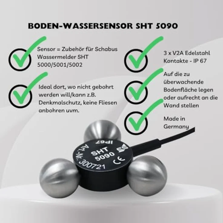 Elektrotechnik Schabus Bodensensor 300721, Wassermelder mit 100 g Gewicht und stabiler Kugel-Elektrodentechnologie – Bild 2