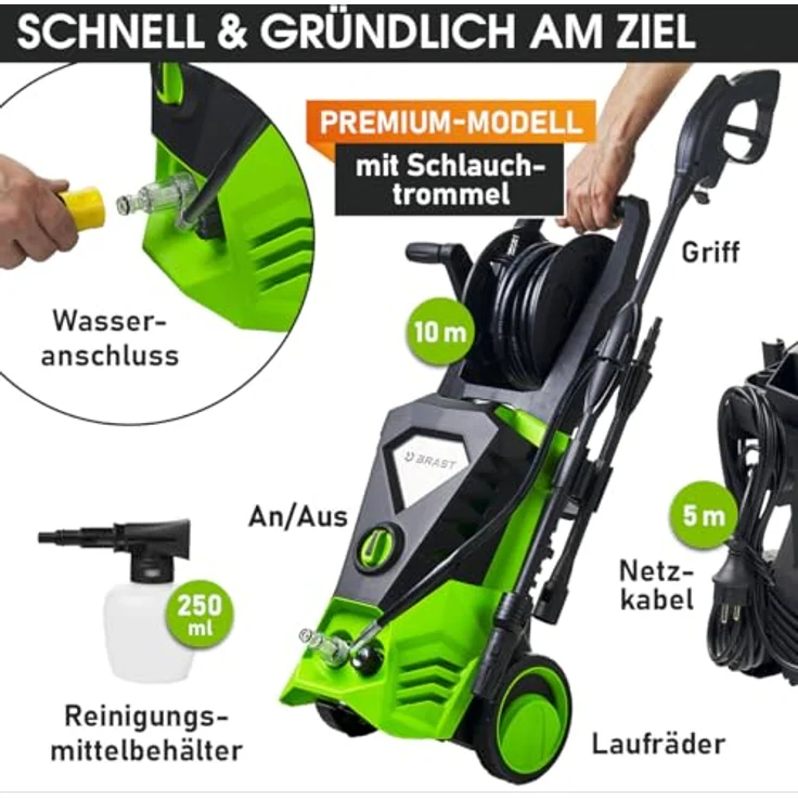 BRAST Hochdruckreiniger Elektro Power 2200W, 165 bar, 468 l/h Fördermenge, inkl. 11-tlg. Zubehörset, mobiler Flächenreiniger, 10m Hochdruckschlauch mit Schlauchtrommel – Bild 5