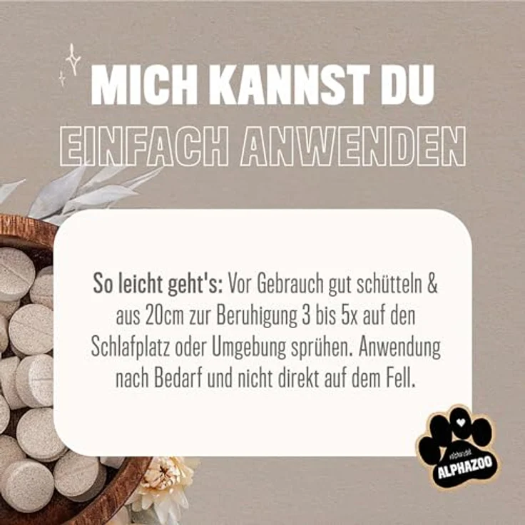 ALPHAZOO Seelenruhe Körbchenspray 100ml, Natürliches Anti-Stress Beruhigungsmittel mit Baldrian für Hunde – Bild 4