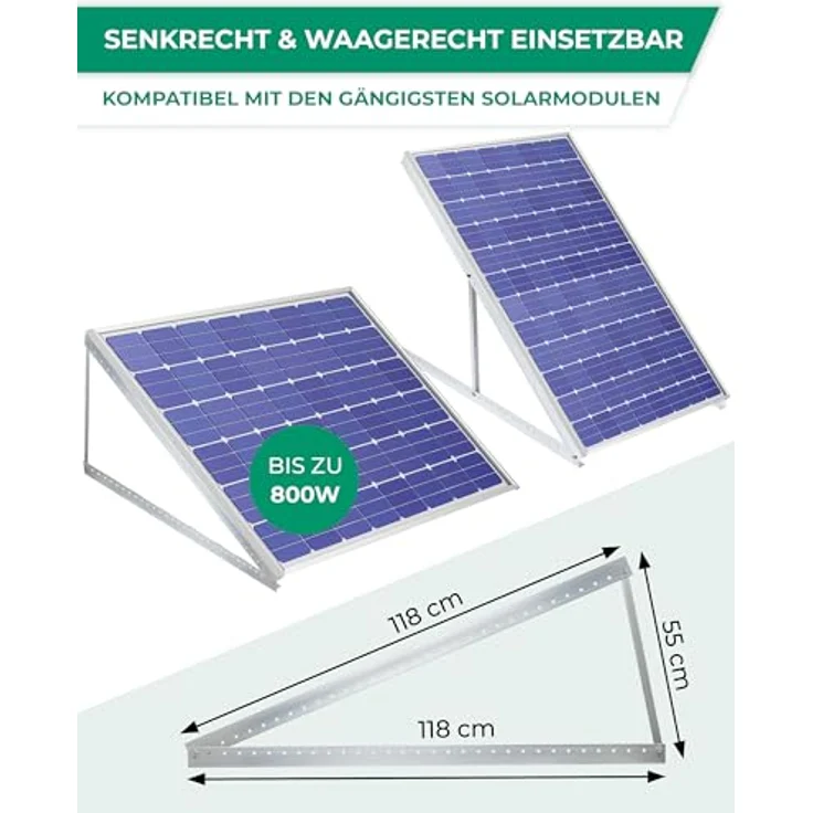 Smabix Solarpanel Halterung, 118 cm, 0-90 Grad verstellbar, inkl. Schrauben und Montage Anleitung, Aluminium Balkonkraftwerk Halterung - Silber – Bild 2