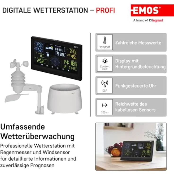 Emos E6016, digitale Wetterstation mit LCD-Display, Temperatur- und Luftfeuchtigkeitsmessung, drahtlose Übertragung bis 100 m, schwarz – Bild 2