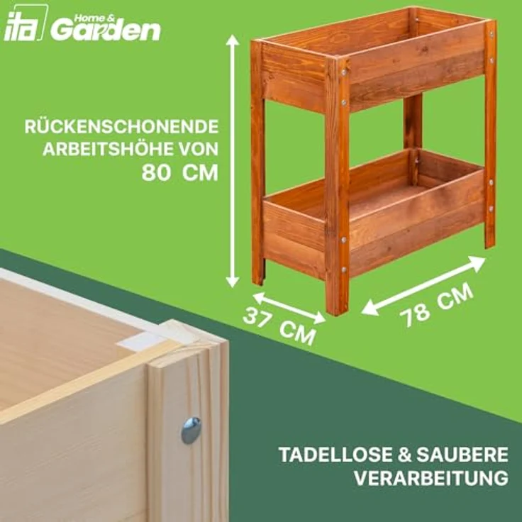 ITA Hochbeet aus Holz 80x37x78 cm - Pflanzkasten mit 2 Ebenen & Innenfolie - Made in EU - Direkt vom Hersteller - FSC Kiefernholz - Braun – Bild 3