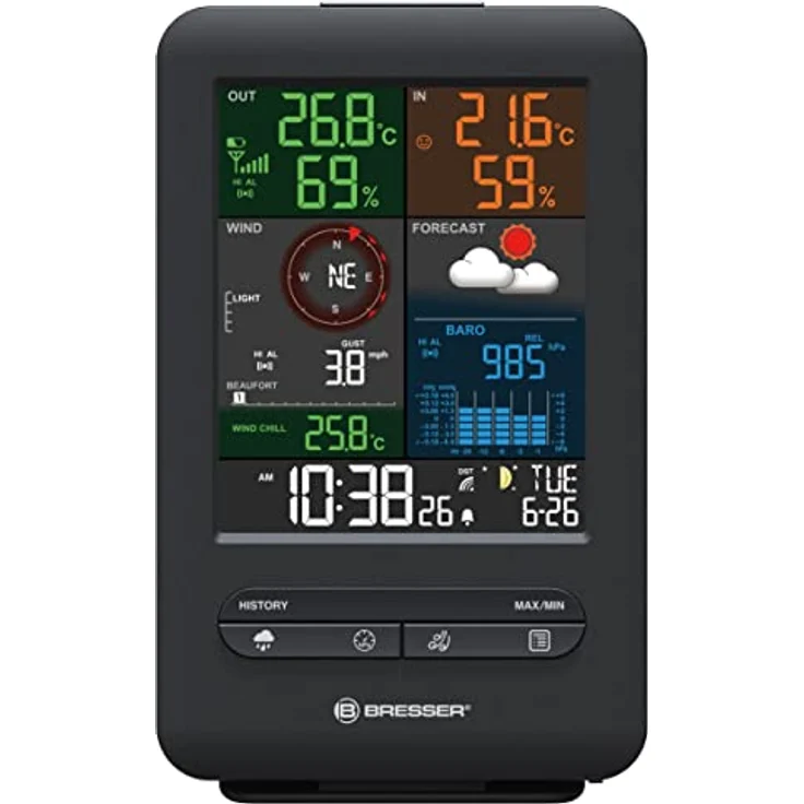 Bresser 7002525 Wetterstation Funk mit Außensensor 5-in-1 Beaufort mit großem Farbdisplay, Sensor für Temperatur, Luftfeuchtigkeit, Luftdruck, Windrichtung und Regenmesser, Schwarz, Einzigartig – Bild 2