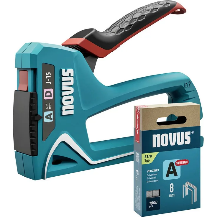 NOVUS Nagler Novus Tools J-15 Handtacker, 2-in-1 Tacker für Feindrahtklammern und Flachdrahtklammern von 4 - 10 mm, blau