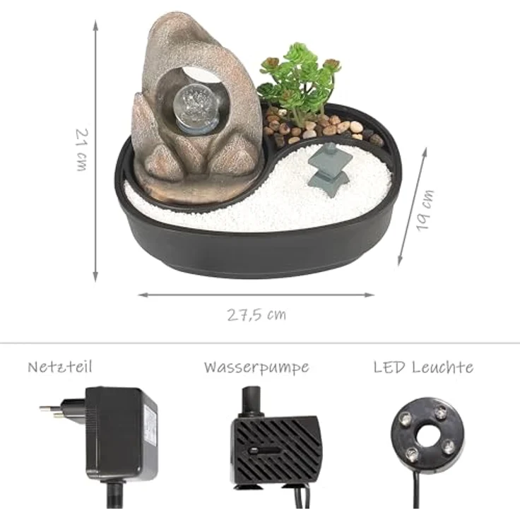 Lemodo Zimmerbrunnen Tischbrunnen mit Zen-Garten, Pumpe mit LED-Beleuchtung und Miniatur-Rechen, Polyresin, LED-Beleuchtung, inklusive Kieselsteine, Splitt (Buddha) – Bild 2