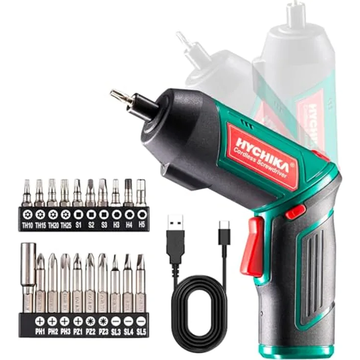 HYCHIKA Akkuschrauber, Cordless Screwdriver 3,6V mit 6Nm Drehmoment, 2000mAh Akku, 20 Zubehörteilen, LED Licht und Magnetfutter