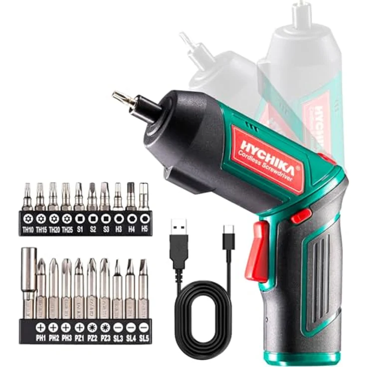 HYCHIKA Akkuschrauber, Cordless Screwdriver 3,6V mit 6Nm Drehmoment, 2000mAh Akku, 20 Zubehörteilen, LED Licht und Magnetfutter – Bild 1