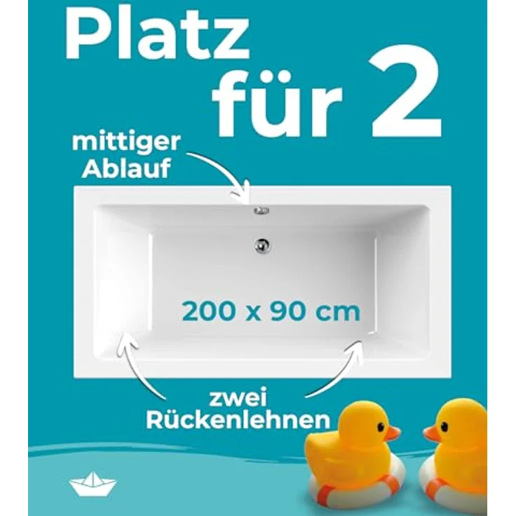 Calmwaters® Acryl Premium Badewanne Komplettset 200x90 cm, Duo-Badewanne für 2 Personen, Made in EU, mit Wannenträger & Ablaufgarnitur, pflegeleichtes Sanitäracryl, vollisoliert – Bild 2