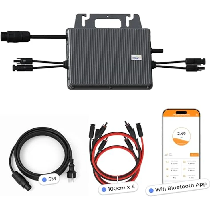 SUNNIVA TSUN Mikro-Wechselrichter 800W TSOL-MS800 für Balkonkraftwerk, IP67 wetterfest, Plug&Play, 2 MPPT, Bluetooth & WiFi, inkl. 5m Kabel & 4x 1m Verlängerungen – Bild 1