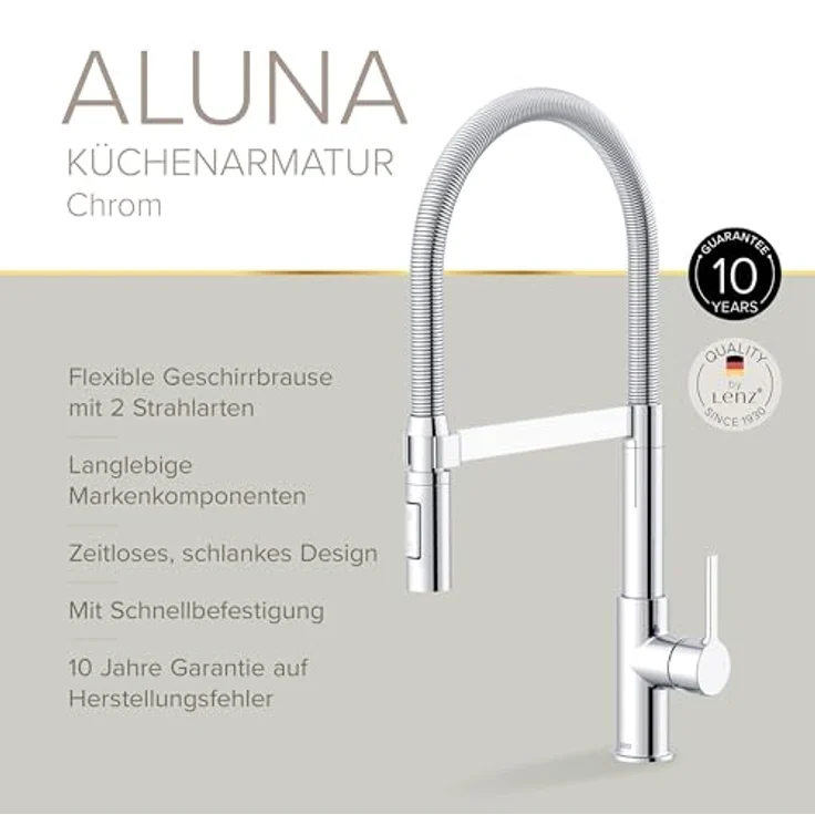 Lenz Küchenarmatur ALUNA, Chrom, flexible Geschirrbrause mit 2 Strahlarten, 360° Schwenkfunktion, nickelfrei – Bild 4