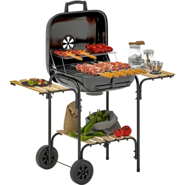 Outsunny Holzkohlegrill aus Stahl, fahrbar mit abschließbarem Deckel, 1840 cm² Grillfläche, zwei seitliche Ablagen, schwarz