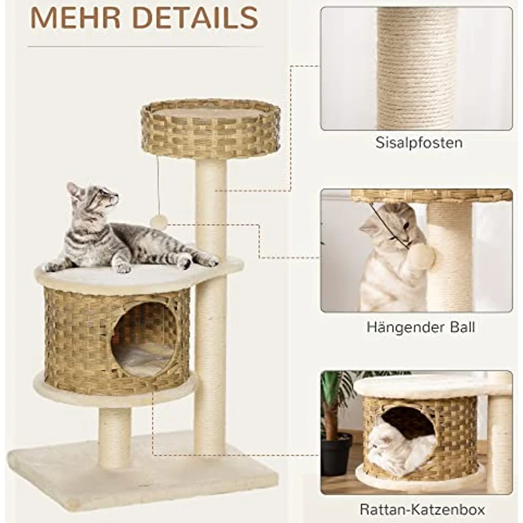 PawHut Kratzbaum Rattan Katzenbaum Kletterbaum mit Katzenhöhle Sisalstämmen Spielbälle Katzenmöbel Höhe 95 cm Sisal Natur+Beige – Bild 5