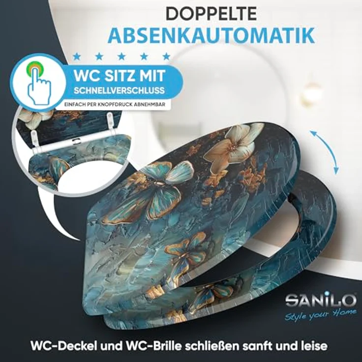 Sanilo WC Sitz mit Absenkautomatik Top Fix Mariposa, antibakterielle Holz-Oberfläche, verstellbare Scharniere, 4-seitiger Druck – Bild 3