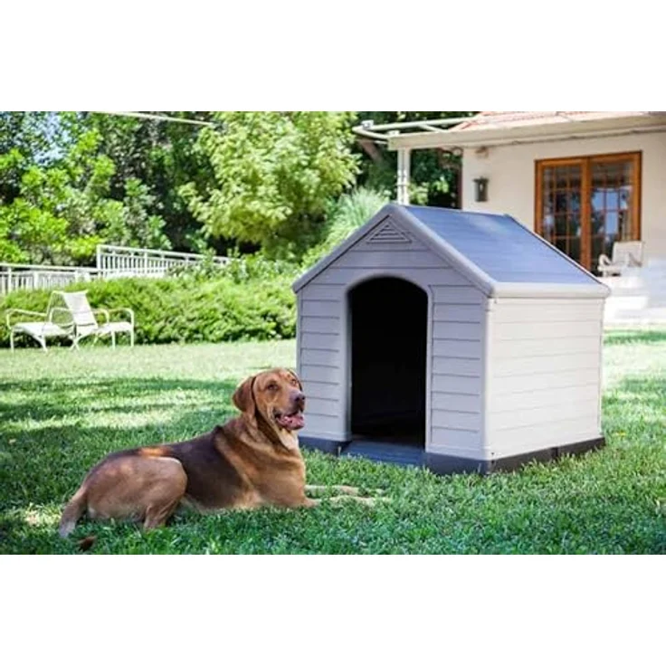 CURVER Hundehütte, grau, wasserdicht & UV-beständig, PVC, Außenmaße 95 x 99 x 99 cm, auch für große Hunde geeignet, erhöhter Boden, aus 85% recyceltem Material hergestellt – Bild 3