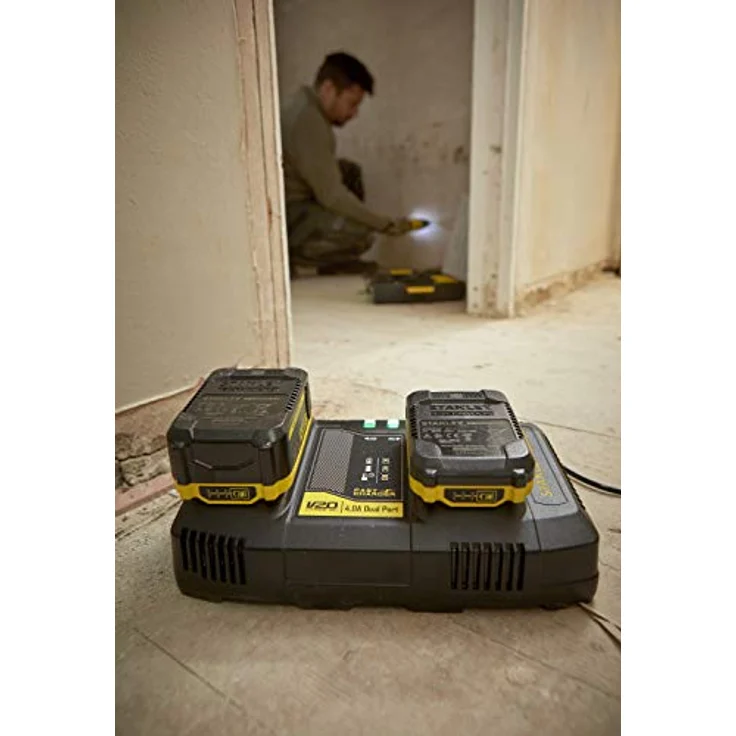 STANLEY FATMAX SFMCB24-QW, Zweischacht-Schnell-Ladegerät, 18 Volt, 4 Ampere, für V20 Lithium-Ionen-Akkus, mit USB-Ladeport und LED-Ladezustandsanzeige – Bild 4