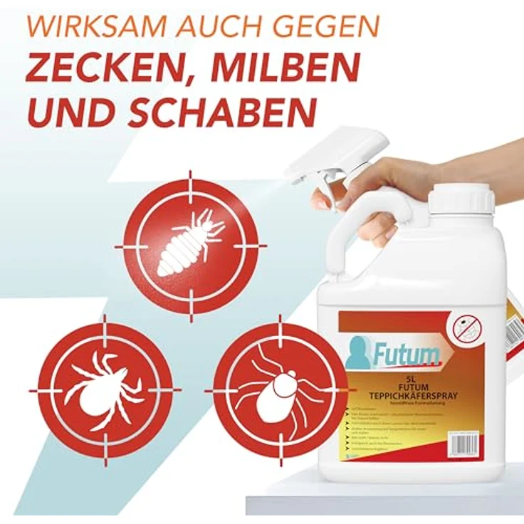 FUTUM Teppichkäferspray, biozidfreie Formel auf Wasserbasis, 5 l, geruchsarm, brennt/ätzt nicht, Insektenabwehr – Bild 7