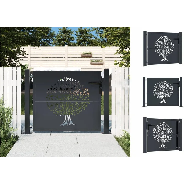 vidaXL Gartentor Anthrazit 105x80 cm Stahl Baum-Design Abschließbar Schlüssel