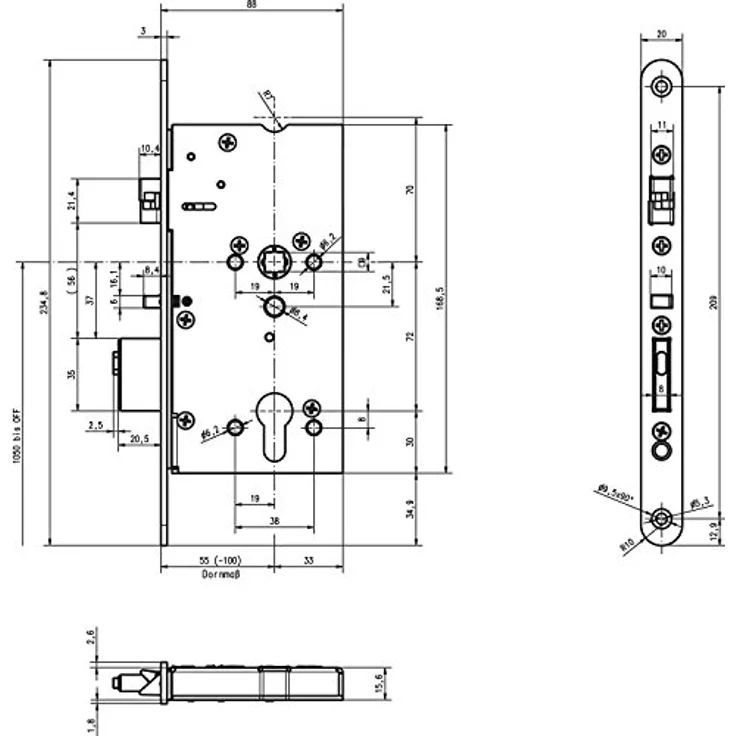 eff eff Mediator Schloss PZ 72, DM 65 mm, Stulp 20 x 235 mm, Edelstahl – Bild 2