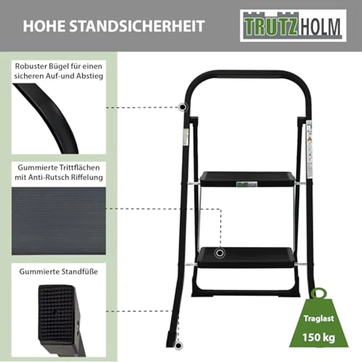 TRUTZHOLM Trittleiter klappbar, 2 Stufen, TÜV/GS zertifiziert, bis 150 kg belastbar, Anti-Rutsch Trittflächen, Sicherheitsverriegelung, Stahl Leiter (Schwarz) – Bild 4
