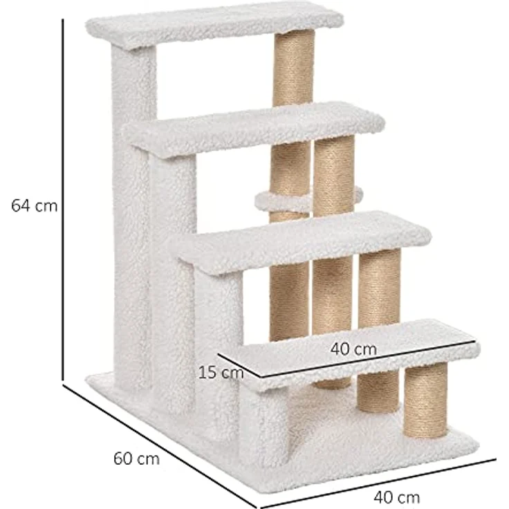 PawHut Haustiertreppe mit Kratzbaum Ball 4-stufige Katzentreppe Hundetreppe Tiertreppe Spanplatte Plüsch Jute Weiß 60 x 40 x 64 cm – Bild 3