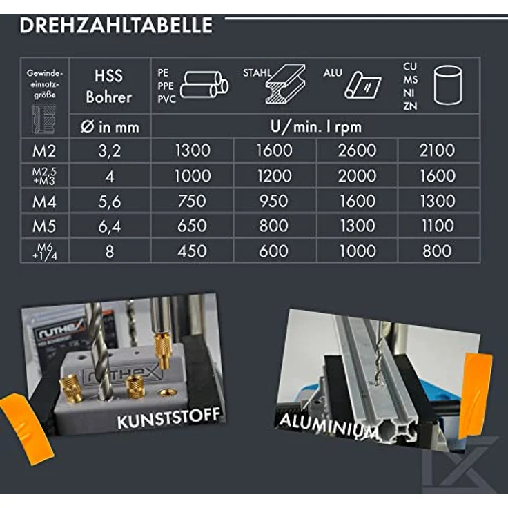 ruthex HSS Bohrerset für Gewindeeinsätze, M2-M6 & 1/4", geeignet für Kunststoff, PLA, PETG, 5 Teile mit 3,2 - 8 mm Ø – Bild 5