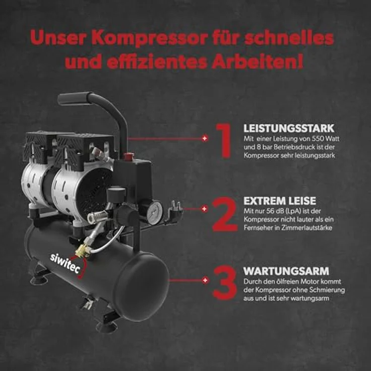siwitec Flüsterkompressor SK-550, 550 W, 6 L Kessel, max. Druck 8 bar, 56 dB, ölfrei & wartungsarm, mit Schnell-Anschluss-Kupplung – Bild 4