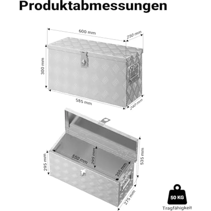 XPOtool Alu Kiste 60x25x30 cm, verschließbare Werkzeugbox aus Aluminium Riffelblech mit Deckelüberstand, inklusive 2 Schlüsseln, witterungsbeständig und stabil – Bild 3