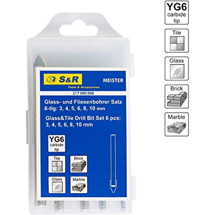 S&R Glasbohrer Fliesenbohrer Set, Karbid Hartmetall Spitze, 6 Bohrer (3, 4, 5, 6, 8, 10 mm) – Bild 5