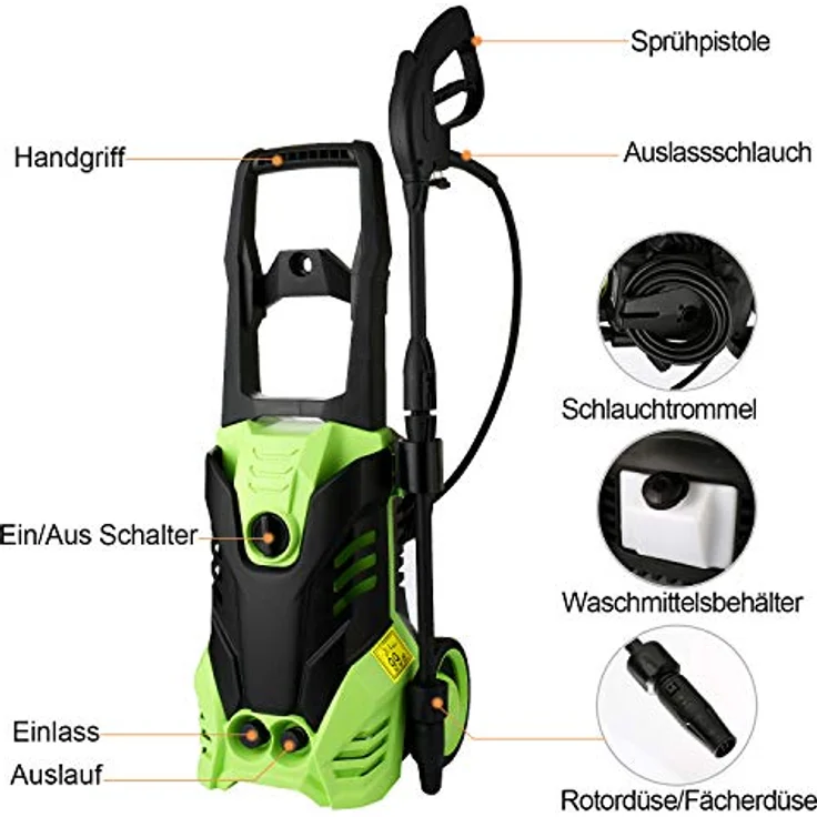 Hochdruckreiniger COOCHEER Elektrischer Hochdruckreiniger 150bar mit 3-in-1-Düse, 6m Schlauch, 5m Kabel, Wasserfilter, Hochdruckpistole, max. Fördermenge 450l/h – Bild 4