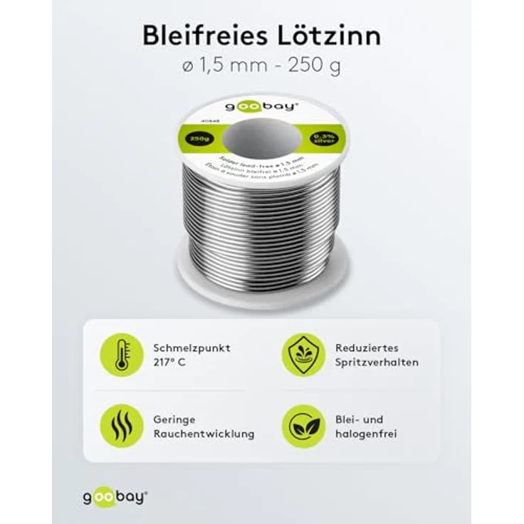 Goobay 40848 Lötzinn bleifrei, ø 1, 5 mm, 250 g Markenlötzinn mit einem Silberanteil (Ag) von 0, 3% – Bild 3