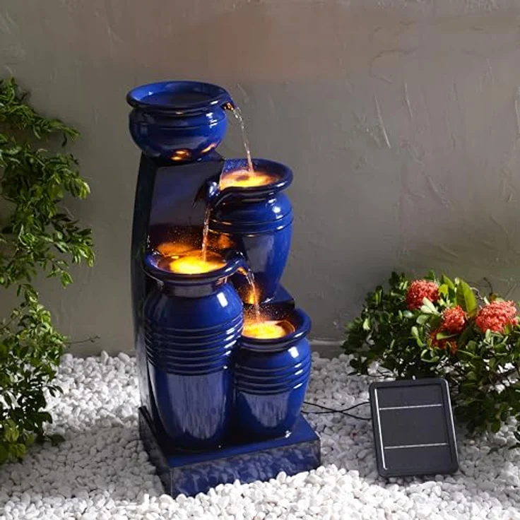 Teamson Home Gartenbrunnen Solarbrunnen 4-stufig aus Polyresin, blau mit LED-Beleuchtung, Höhe 73 cm – Bild 5