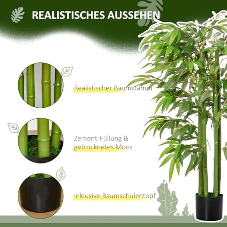 HOMCOM Kunstpflanze groß 140 cm Bambus im Topf, künstliche Pflanze für Wohnzimmer Schlafzimmer Büro Garten, pflegeleicht, grün – Bild 4