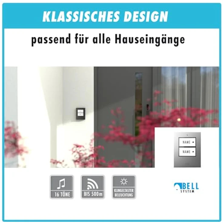 m-e Funkklingel BELL-522 BO Silber, Erweiterbare kabellose Türklingel mit 500m Reichweite, Set mit 2 mobilen Türglocken und auswechselbaren Namensschildern – Bild 4