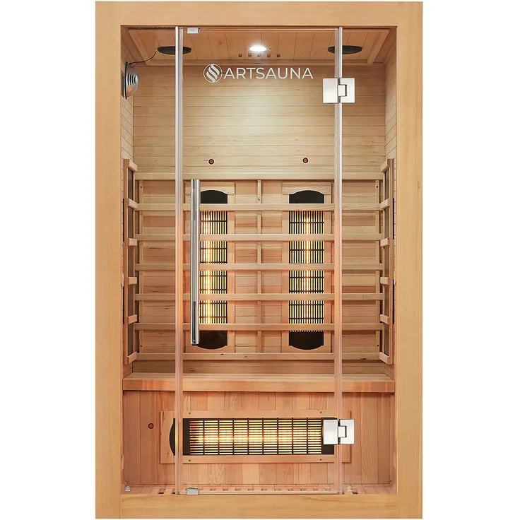 Artsauna Infrarotkabine Kiruna120 Dual Technologie – 5 Vollspektrumstrahler & 3 Flächenstrahler – 2 Personen – LED Farblicht – Radio - Hemlock-Holz, 120 x 105 x 190 cm